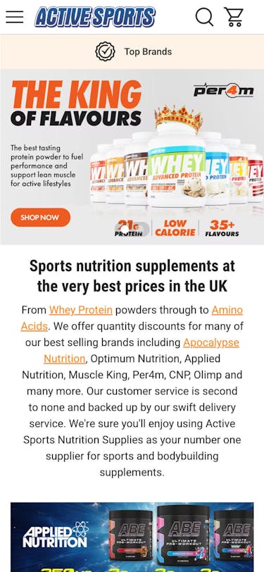 Active Sports Nutrition Home Page On Mobile
