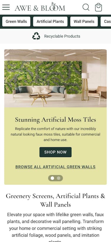 Awe & Bloom Home Page On Mobile