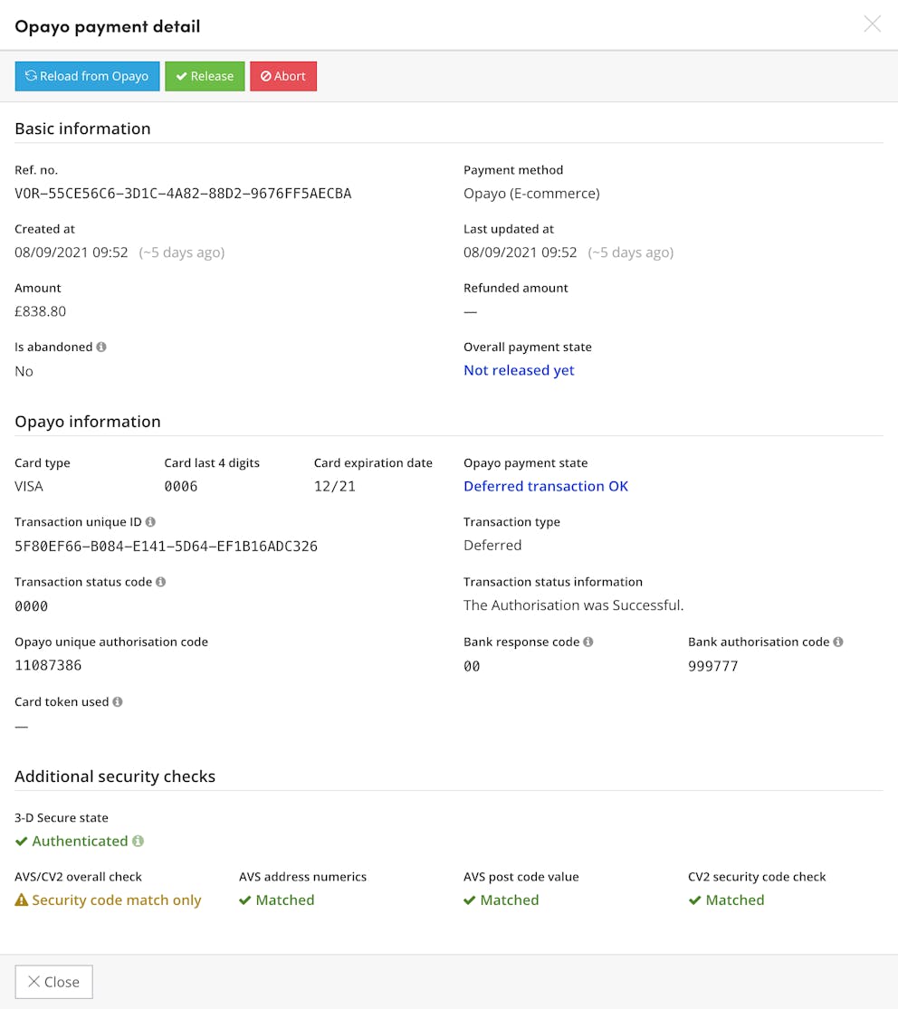 Opayo Payment Detail